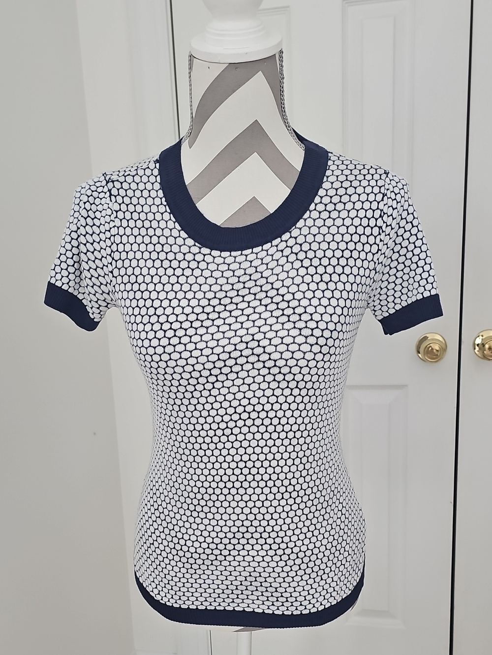 Maison Jules Navy & White Honeycomb Short Sleeve Knit Top